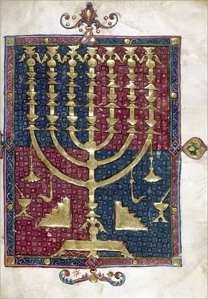 JUDAISM: MENORAH. Manuscript illumination from a Haggadah, n. d