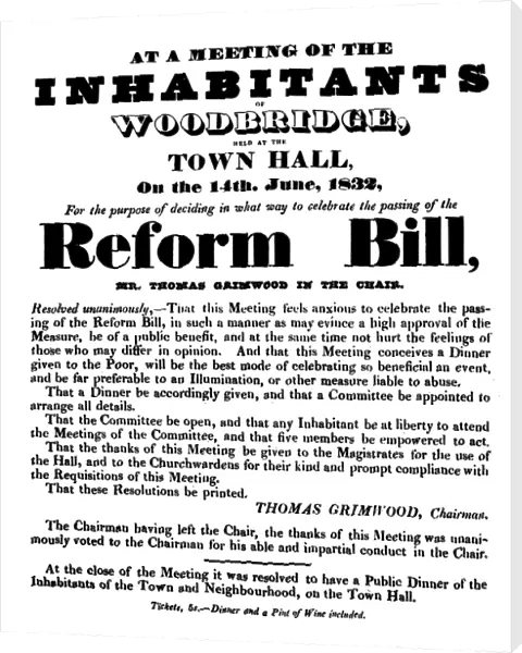 REFORM BILL POSTER, 1832. Broadside giving notice of a meeting to celebrate the