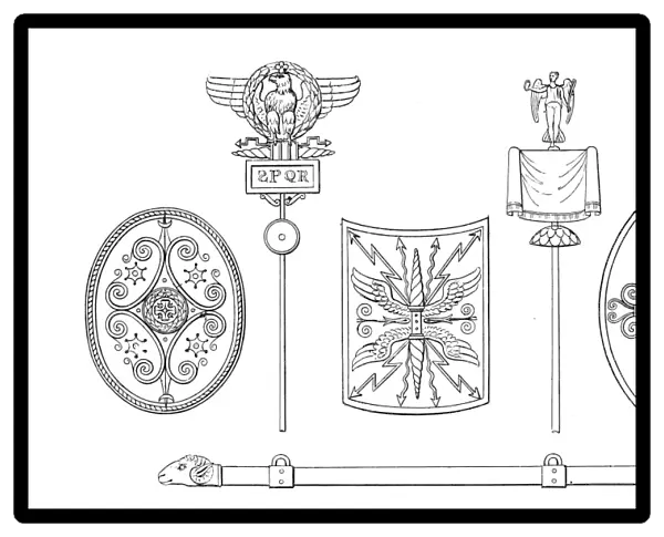 ROMAN STANDARDS. Roman standards, shields and battering ram. Line engraving