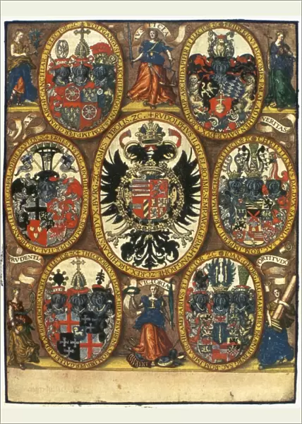 COATS OF ARMS. Coats of arms Holy Roman Emperor Rudolph II and other nobility. Line engraving