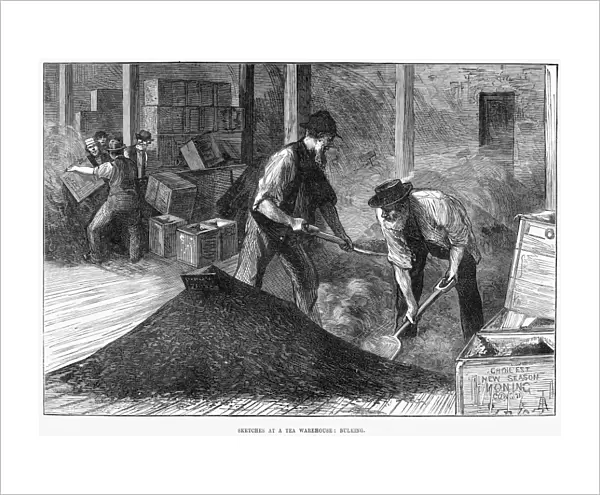 TEA WAREHOUSE, 1874. Bulking tea at a tea warehouse in England. Wood engraving