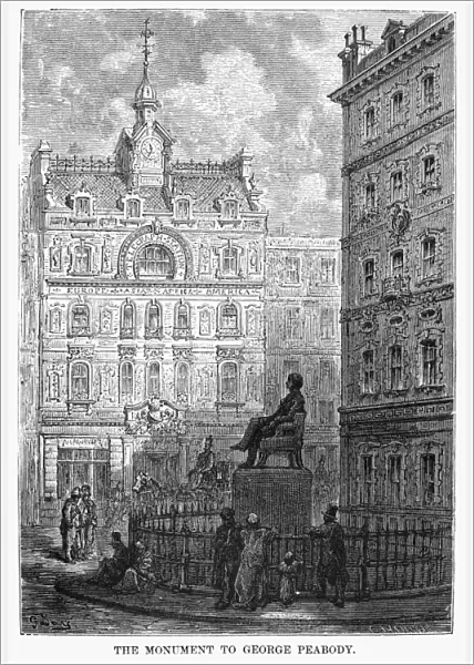 LONDON: STATUE, 1872. Statue of American financier, George Peabody, near the Royal