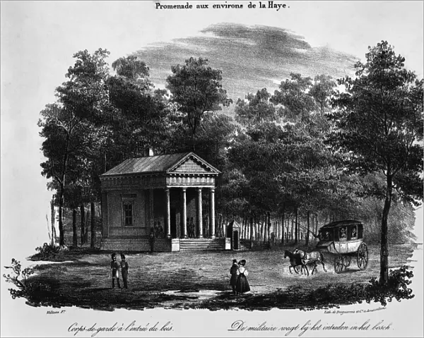THE HAGUE: PARK, c1825. A guard post at the entry to a park outside the Hague, the Netherlands