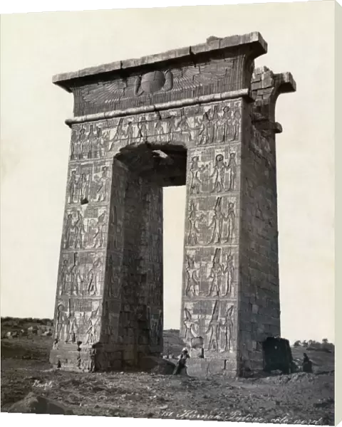 EGYPT: THEBES PYLON. North side of a pylon adorned with bas-reliefs at Thebes, Egypt