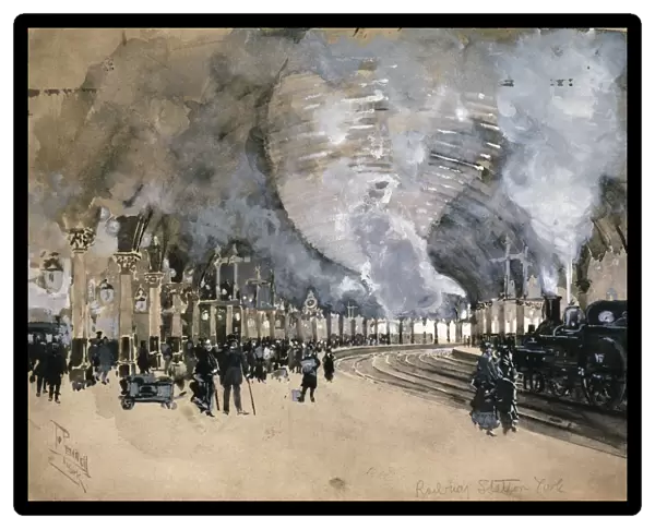 PENNELL: ENGLAND, 1895. A railway station in York, England. Drawing by Joseph Pennell