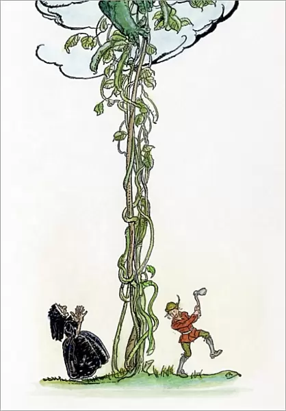 JACK AND THE BEANSTALK. Jack chopping down the magic beanstalk to save himself