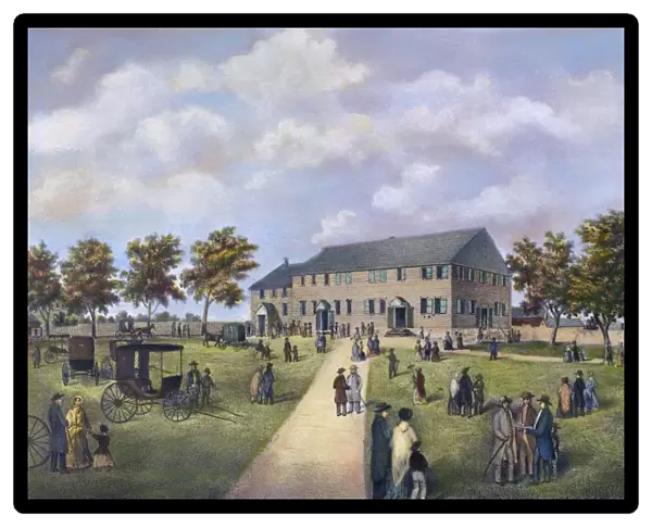 QUAKER MEETING HOUSE, 1857. The Quaker Meetinghouse at Newport, Rhode Island. American lithograph