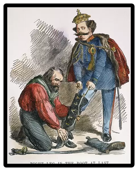 GARIBALDI  /  VICTOR EMMANUEL. An English cartoon comment, 1860, on Giuseppe Garibaldi s