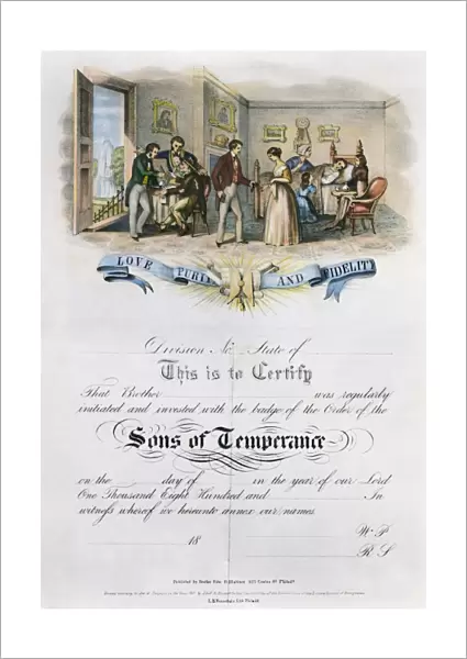 TEMPERANCE CERTIFICATE. Membership certificate of the Sons of Temperance. American lithograph