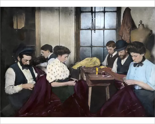 NYC SWEATSHOP, 1908. Workers in a New York City sweatshop. Oil over a photograph, 1908
