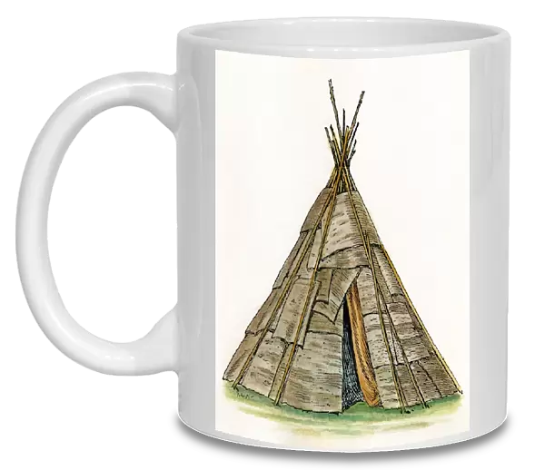 NATIVE AMERICAN WIGWAM. The conical wigwam of the Ojibwa Native Americans, consisting