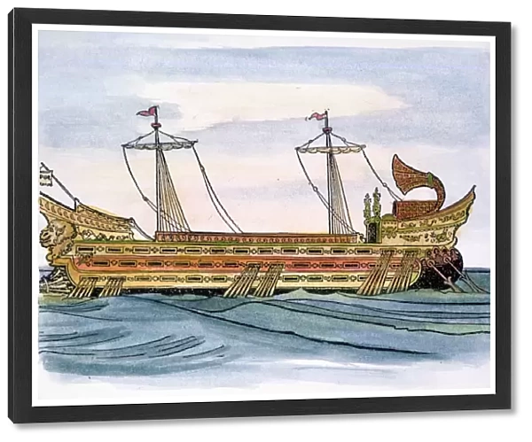 ROMAN TRIREME. Pen-and-ink drawing, American, 19th century
