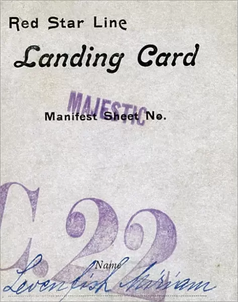 ELLIS ISLAND LANDING CARD. Front of a landing card issued to an immigrant arriving