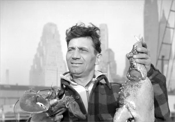 NEW YORK: STEVEDORE, 1943. Portrait of a dock stevedore holding lobster claws at