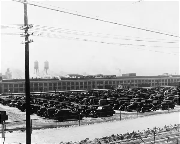 FACTORY PARKING LOT, 1936. Employee parking lot at the Calco Chemical Company near Bound Brook