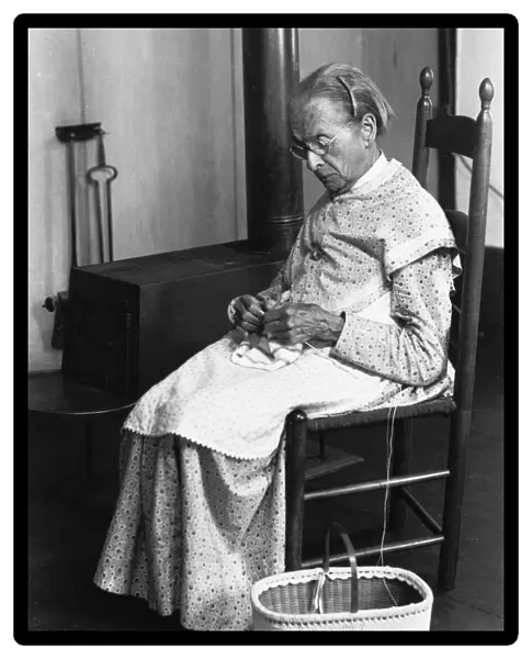 SHAKER WOMAN KNITTING. Fannie Estabrook knitting at the Hancock Shaker village near Pittsfield