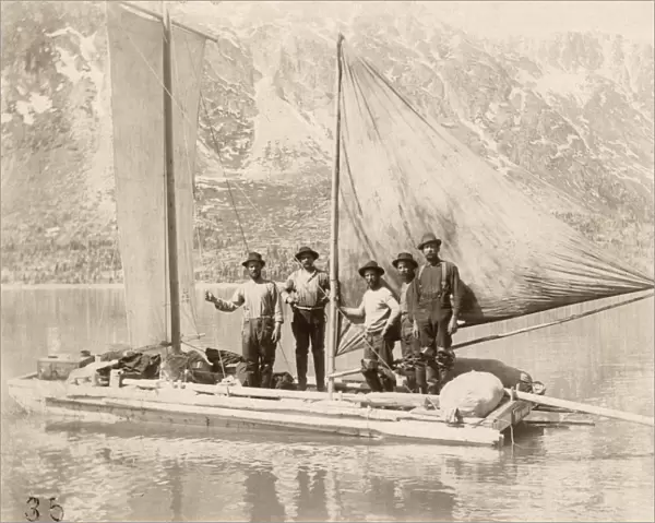 YUKON TERRITORY, c1897. The mer-maid outfit. Miners on a small boat in the Yukon Territory