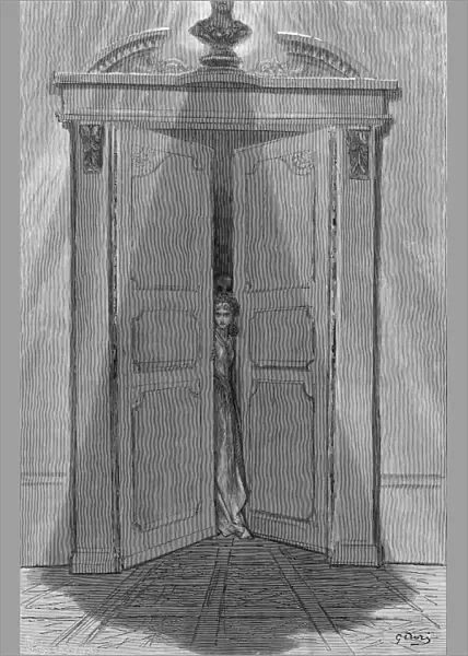 DORE: THE RAVEN, 1882. Tis some visitor entreating entrance at my chamber doora