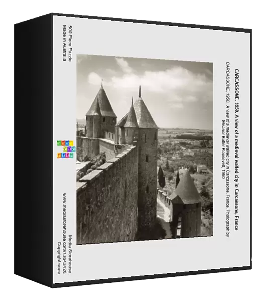 CARCASSONE, 1950. A view of a medieval walled city in Carcassone, France