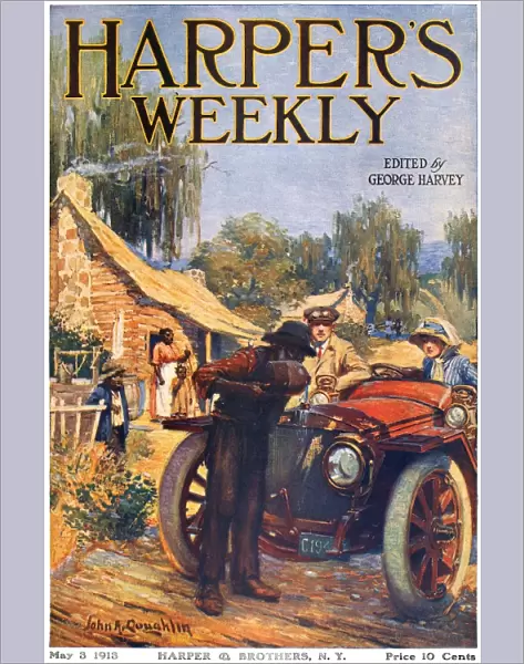 HARPERs WEEKLY, 1913. A pair of stylish motorists are rescued by a sharecropper in the rural South. American magazine cover by John Coughlin, 3 May 1913