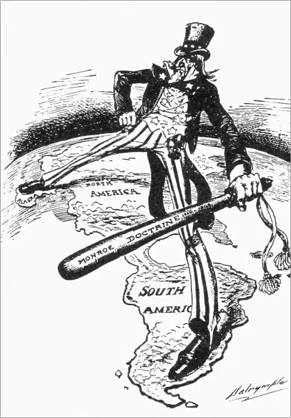 MONROE DOCTRINE CARTOON. Uncle Sam straddles the Americas while wielding a big stick labeled Monroe Doctrine. American cartoon by Louis Dalrymple, 1905