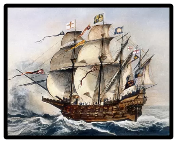 NAVAL SHIP: GREAT HARRY. The Great Harry (Henri GrÔÇÜce ÔÇÜ Dieu), English carrack, built in 1514 and destroyed by fire in 1553. Lithograph, English, 19th century