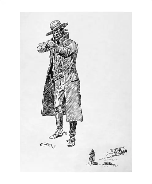 RUSSELL: STAGE ROBBER. A stage robber pointing a shotgun. The vignette in the right corner shows the robber with a treasure box and a dead messenger as the stagecoach drives off. Drawing by Charles M. Russell (1864-1926)