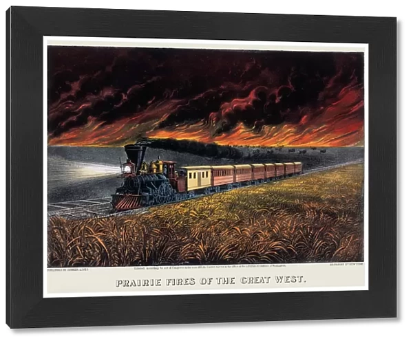 RAILROADING: PRAIRIE FIRES. Prairie Fires of the Great West: lithograph, 1872, by Currier & Ives