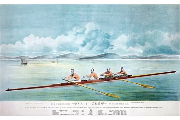 ROWING TEAM, c1875. The Paris Crew, a Canadian rowing team fron Saint John, New Brunswick, consisting of Robert Fulton, George Price, Samuel Hutton and Elijah Ross. Lithograph, Canadian, c1875