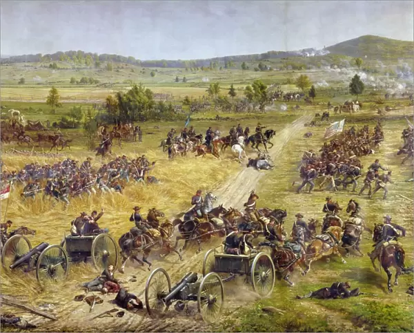 CIVIL WAR: GETTYSBURG. The 72nd Pennsylvania Infantry Regiment under General Winfield S. Hancock charging at the Battle of Gettysburg, Pennsylvania, July 1863. Detail of cyclorama at Gettysburg National Military Park by Paul Philippoteaux, 1881