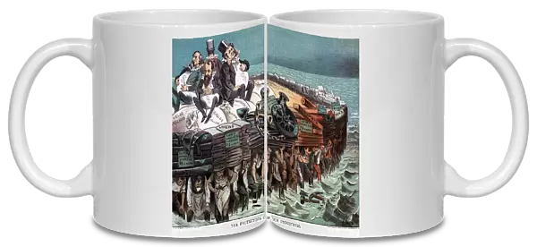 AMERICAN FINANCIERS, 1883. The Protectors of our Industries. Cartoon depicting American financiers Cyrus Field, Jay Gould, William Henry Vanderbilt and Russell Sage, seated on bags of millions on a large raft, being carried by workers of various trades. Lithograph, 1883