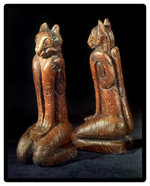 NATIVE AMERICAN CARVINGS. Southeastern Native American (Calusa) carved wooden cat figures, c1450, excavated at Key Marco, Florida