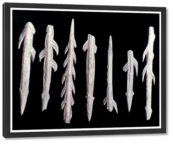 PALEOLITHIC HARPOONS of bone, ivory and antler. Magdalenian, 9000 B. C