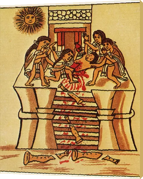 MEXICO: AZTEC SACRIFICE. Priests cutting out the heart of a youth to sacrifice to the sun. Aztec codex, 16th century