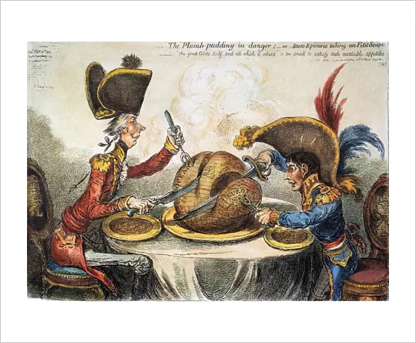 NAPOLEON CARTOON, 1805. The Plumb-pudding in danger; - or State Epicures taking un Petit Souper. Satirical etching, 1805, by James Gillray a propos of a peace overture from Napoleon, showing Napoleon and British Prime Minister William Pitt carving up the world