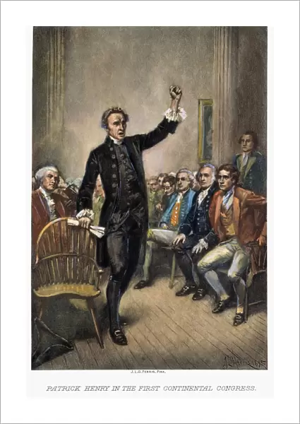 PATRICK HENRY (1736-1799). American revolutionary hero and orator. Henry speaking to the First Continental Congress in 1774. After a painting by Jean Leon Gerome Ferris, 1895
