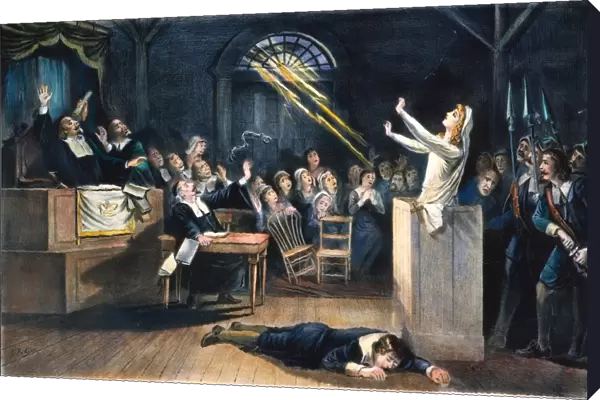 SALEM WITCH TRIAL, 1692. A witch trial at Salem, Massachusetts, in 1692: lithograph, 19th century