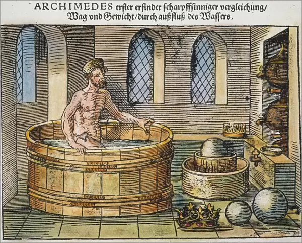 ARCHIMEDES discovering the relationship between weight and displacement of water: German woodcut, 16th century