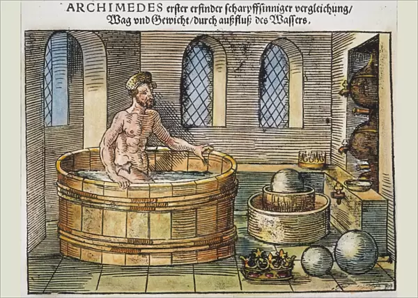 ARCHIMEDES discovering the relationship between weight and displacement of water: German woodcut, 16th century
