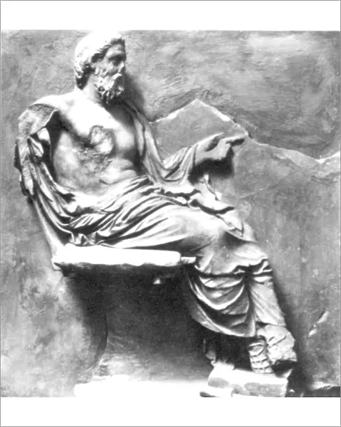 ASCLEPIUS. Greek god of medicine; frieze detail from the Temple of Asclepius, c4th century B. C