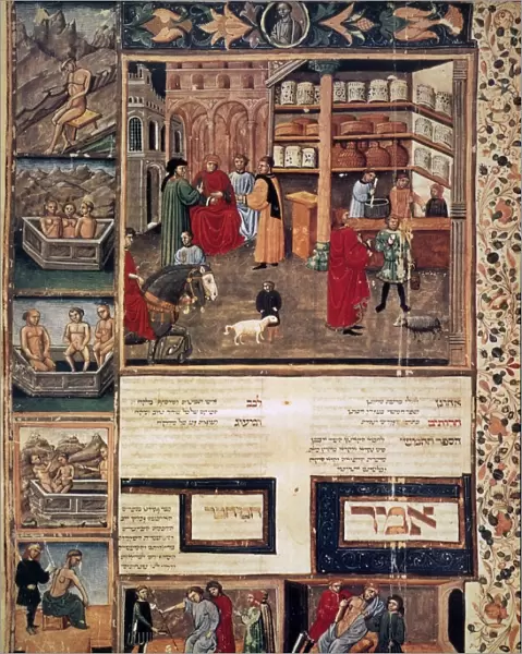 OPEN-AIR PHARMACY. An open-air pharmacy and various methods of medical care-giving: illuminated ms. from a Hebrew edition, c1440, of Avicennas Canon of Medicine