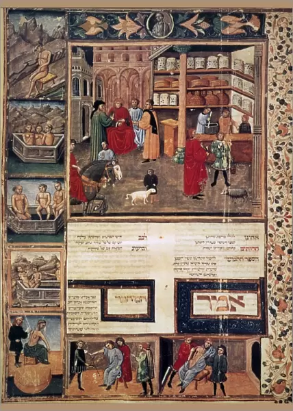 OPEN-AIR PHARMACY. An open-air pharmacy and various methods of medical care-giving: illuminated ms. from a Hebrew edition, c1440, of Avicennas Canon of Medicine