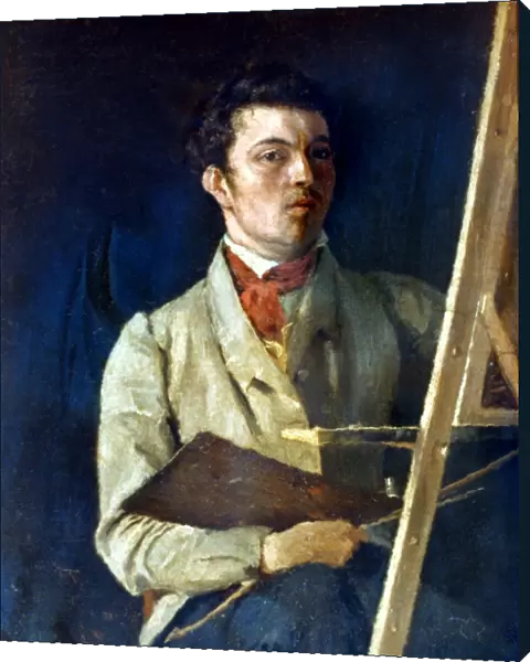 COROT WITH EASEL, 1825. Self-portrait, oil on canvas by Jean-Baptiste Camille Corot, 1825