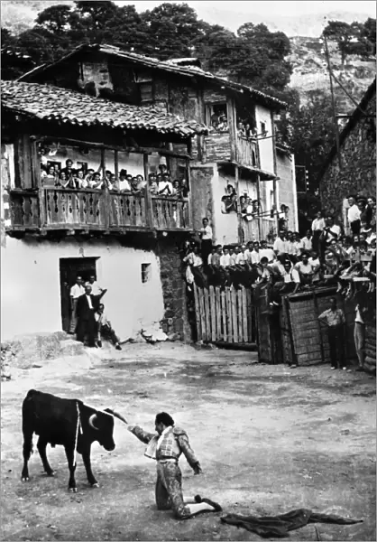 SPAIN: BULLFIGHT. Bull fight in the town square of the village of Mijares, Spain. Photograph, mid 20th century