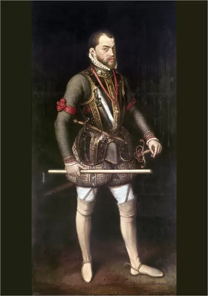 PHILIP II OF SPAIN (1527-1598). King of Spain, 1556-1598. Portrait at the age of 30, after the Battle of San Quentin. Oil painting by Antonis Mor, c1557