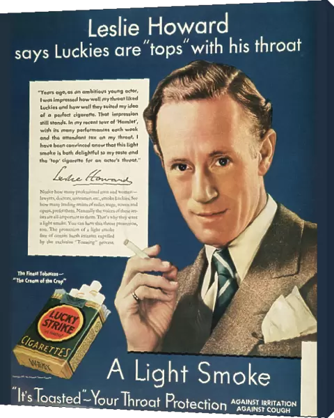LUCKY STRIKE CIGARETTE AD. Actor Leslie Howard endorsing Lucky Strike cigarettes. American magazine advertisement, 1937