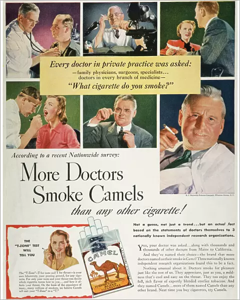 CAMELS CIGARETTE AD, c1950. What Cigarette Do You Smoke, Doctor? Advertisement for Camel cigarettes from an American magazine, c1950
