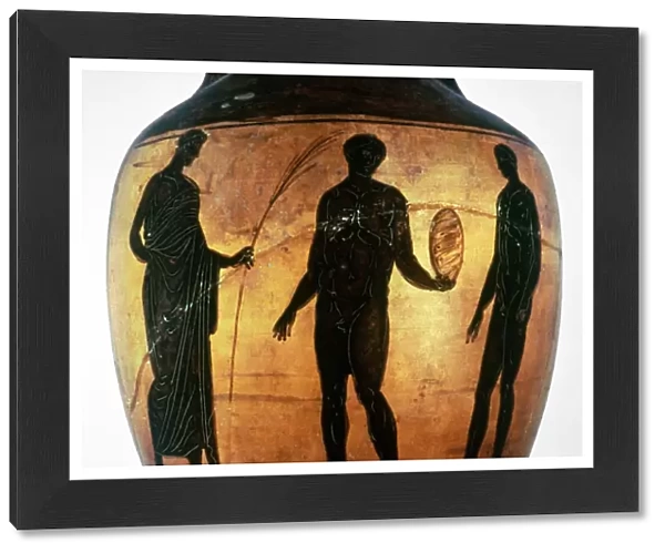 GREEK OLYMPIAN. Crowning a victor in the Olympic Games. Attic black figured vase, 6th century B. C