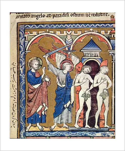 ADAM AND EVE. The Expulsion from Paradise (Genesis 3: 22-24): French manuscript illumination, c1250