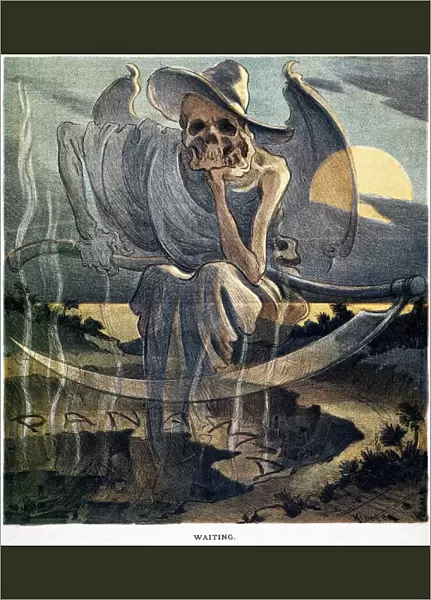 PANAMA CANAL CARTOON, 1904. Death waiting in the fever-ridden swamps for the builders of the Panama Canal. American cartoon, 1904, by Joseph